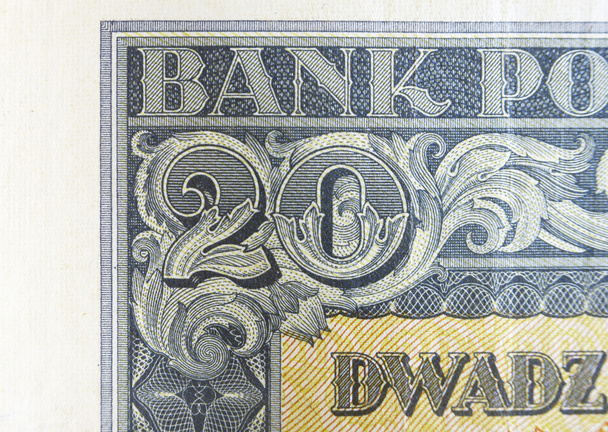 Винтажные элементы старых бумажных банкнот Польша 1936, 20 злотых
 - Фото, изображение