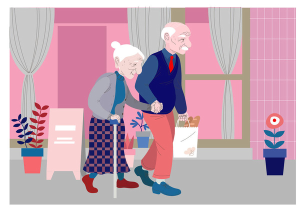 Elderly couple walking hand in hand. hand drawn style vector design illustrations. - Vettoriali, immagini