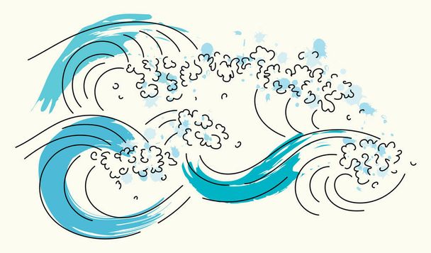 Векторная минималистическая иллюстрация контуров волн и всплесков с пятнами краски. Линейное искусство с цветовым акцентом - Вектор,изображение