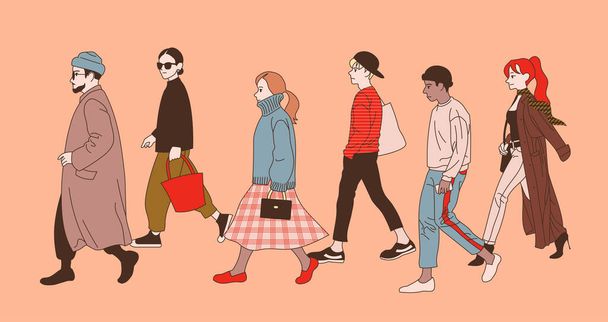 Personajes de moda caminando por la calle. ilustraciones de diseño de vectores de estilo dibujado a mano. - Vector, Imagen