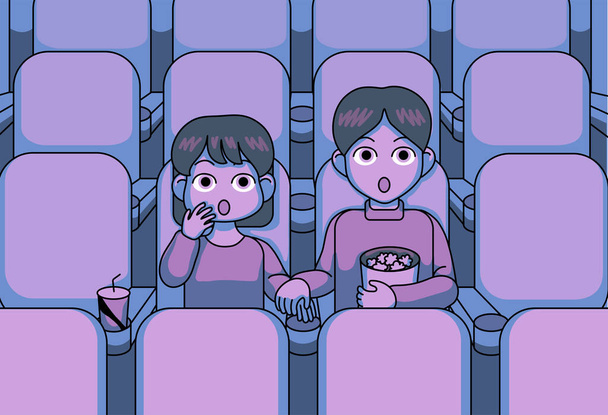 удивленное выражение лица мужчины и женщины, сидящих в кинотеатре и смотрящих фильм. Ручные рисунки векторного дизайна. - Вектор,изображение