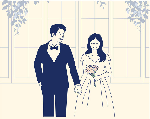 Nevěsta a ženich se drží za ruce a usmívají se. Svatební pozvánka, svatební fotka. ručně kreslený styl vektorové konstrukce ilustrace. - Vektor, obrázek