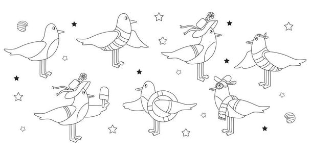 Set of seabirds - gulls. Characters - a boy with a marine lifebuoy and wearing a hat and vest, and a girl with ice cream. Vector. Outline drawing, hand sketch, line - Vector, Image