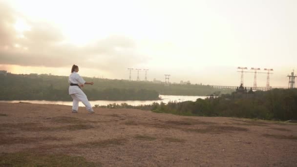 Traduzione: "Kyokushinkai". ragazza impegnato karate yoga. Natura, città, fiume, chiesa, foresta, sfondo roccioso - Filmati, video