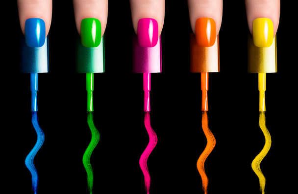 Nail Polish in Fluor Rainbow Colors - Photo, Image