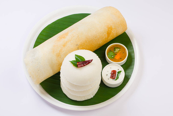 白を基調にバナナの葉とカレーをサンドしたホワイトプレートに美しく盛り付けられた南インドのメイン朝食アイテム「グヒローストドサ」と「イドリイ」. - 写真・画像