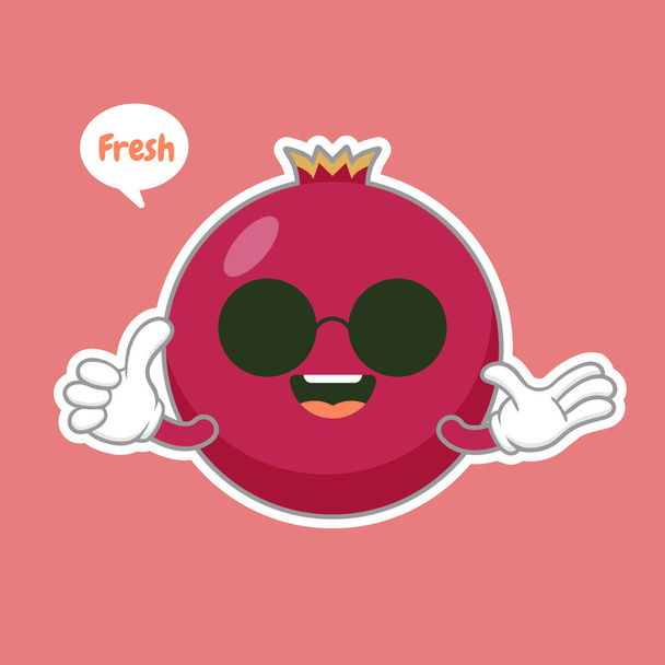 Cute and kawaii pomegranate cartoon character isolated on color background vector illustration. Funny positive and friendly emoticon face icon. Happy smile cartoon face food emoji, comical fruit - Vector, Image