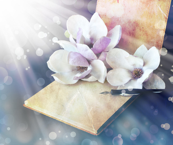 Magnolia  with album and fountain pen - Фото, изображение