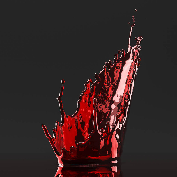 A piros folyadék fröccsenés fekete jelenetben, elvont háttér a termék bemutatásához. 3D-s renderelés - Fotó, kép