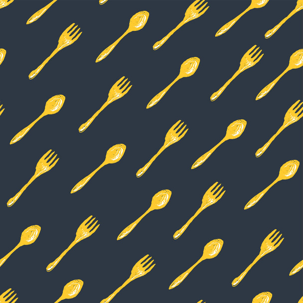 Yellow fork and spoon on black background, vector. Restaurant seamless pattern.  - Вектор,изображение