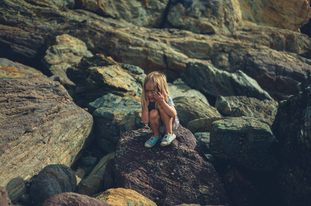 A little preschooler is sitting on some rocks on the beach - Fotoğraf, Görsel