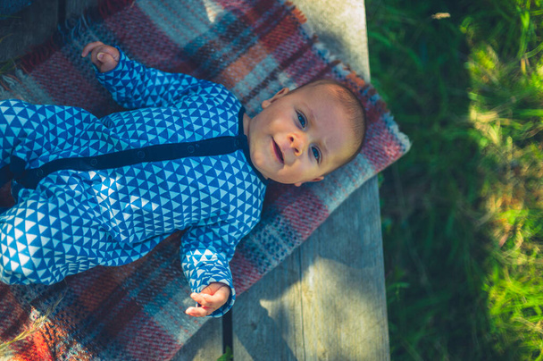 A little baby is resting on a blanket in the garden on a sunny day - 写真・画像