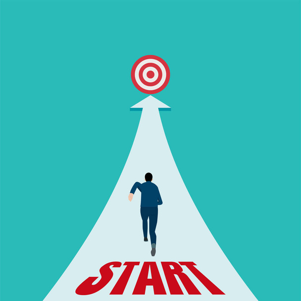 Business success goals. Businessman runs on the start line and sees the target metaphor of startup. achievement, leadership, vision, opportunity, vector illustration flat - Vector, Image