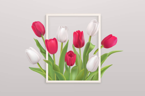 Flower background with white and red tulips in a white frame for any celebration. Spring design. Vector illustration - Vektor, obrázek
