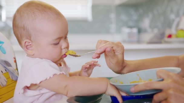 Frau füttert Kind mit Löffel. Mutter füttert Baby mit püriertem Futter. Mutter füttert Kind im Kinderstuhl. - Filmmaterial, Video