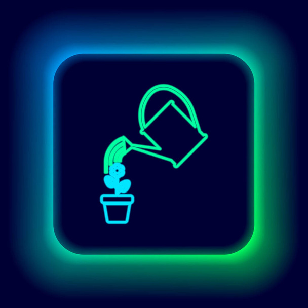Glowing neon line Watering can sprays water drops above flower in pot icon isolated on black background. Irrigation symbol. Colorful outline concept. Vector - Vector, Image
