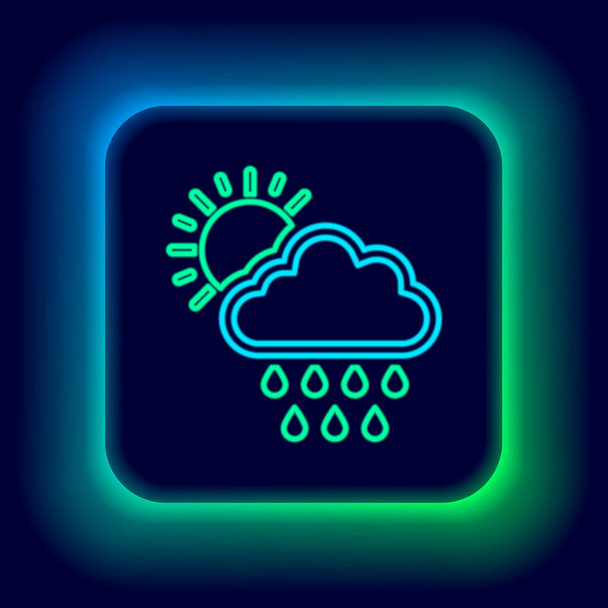Glowing neon line Cloud with rain and sun icon isolated on black background. Rain cloud precipitation with rain drops. Colorful outline concept. Vector - Vector, Image