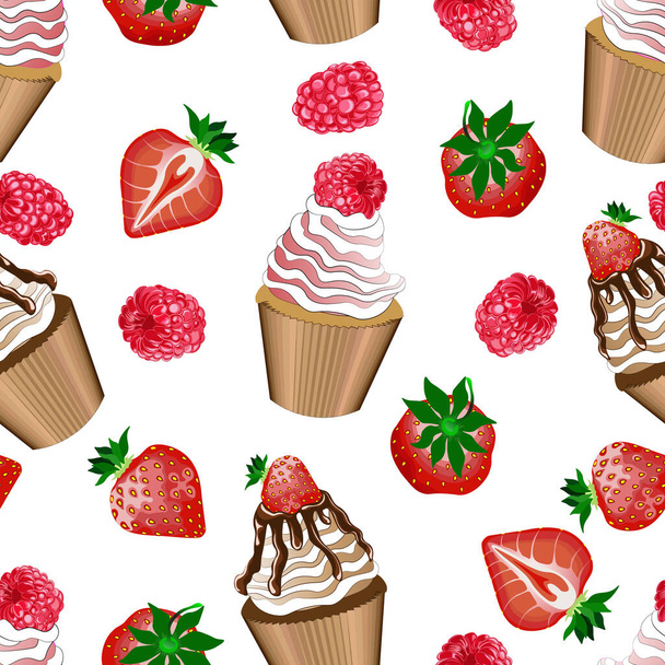  Sehr beerig, Cupcakes mit Himbeeren und Erdbeeren, weißer Hintergrund. Nahtloses Muster, Vektor. - Vektor, Bild