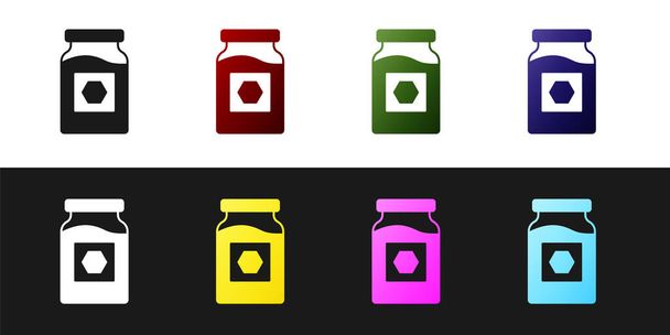 Set Barattolo di icona miele isolato su sfondo bianco e nero. Banco alimentare. Dolce simbolo del cibo naturale. Vettore - Vettoriali, immagini