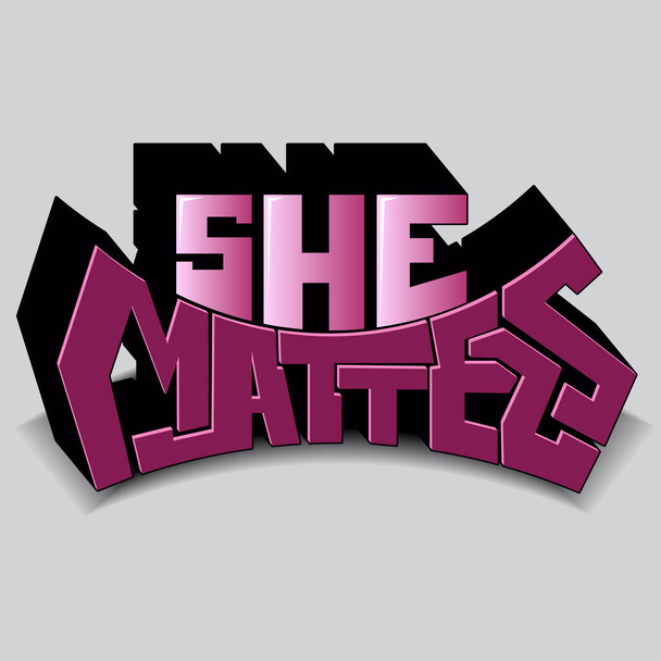 vector label "she matters". unique beautiful semicircular letters in isolated composition with shadow. bright pattern for printing on stickers, posters, T-shirts - Vector, Image