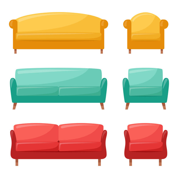Set van gekleurde banken en fauteuils. Verzameling van comfortabele banken en fauteuils voor interieur, vector illustratie - Vector, afbeelding