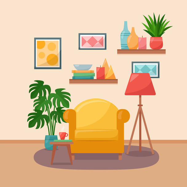 Living room interior. Armchair, table, shelves, pictures, floor lamp and houseplants, vector illustration - Vector, Image