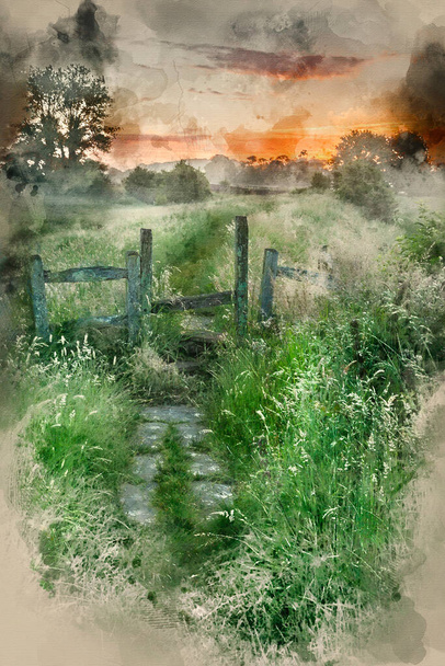 Pintura de acuarela de Impresionante vibrante amanecer de verano sobre paisaje de campo Inglés  - Foto, Imagen