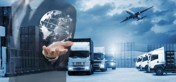 The world logistics  background or transportation Industry or shipping business, Container Cargo  shipment , truck delivery, airplane , import export Concept,Business man working at office  - Photo, Image