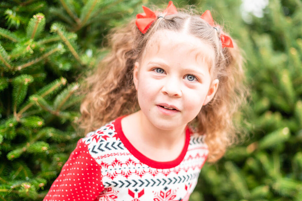 Bambina in abito rosso alla fattoria dell'albero di Natale. - Foto, immagini