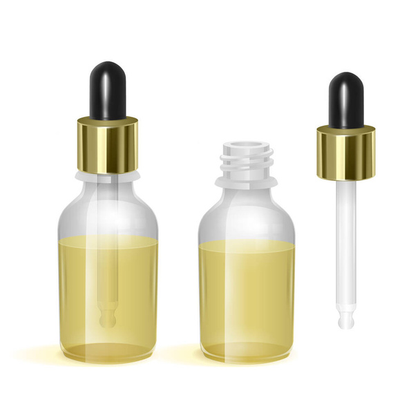 Realistic glass bottle with dropper. Cosmetic vial for oil, collagen serum. Mock up vector illustration - Vector, Image