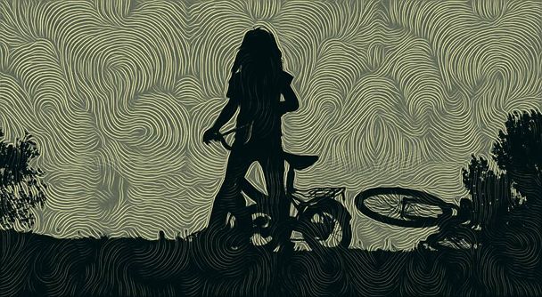 in slechts grijstinten is een jong meisje gesilhouet tegen een effen maar getextureerde lucht met fiets - Foto, afbeelding