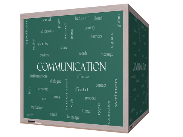 Kommunikations-Word-Cloud-Konzept auf einer 3D-Würfeltafel - Foto, Bild