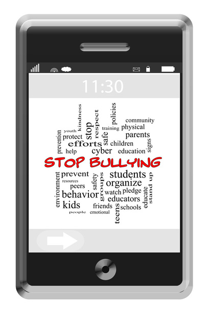 Stop Bullying Word Cloud Concept on a Touchscreen Phone - Photo, Image