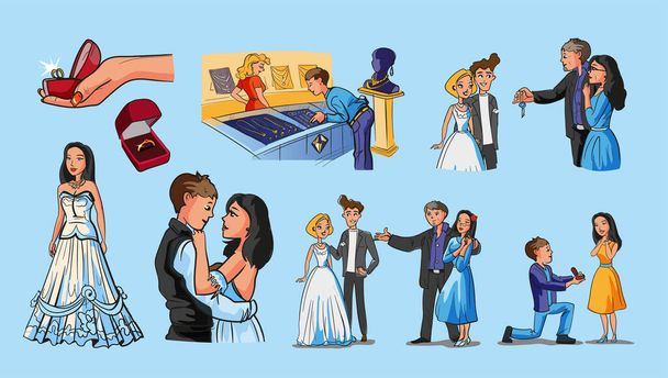 Collection with wedding scenes. Set with wedding, rings, a guy proposes to girl in a jewelry store, bridal salon, ceremony, bride and groom with parents, newlyweds hug. - Vector, Image