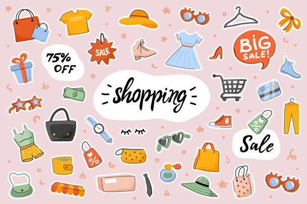 Shopping cute stickers template set. Bundle of clothes, shoes, accessories, purchases bags, shop items. Big sale discount prices. Scrapbooking elements. Vector illustration in flat cartoon design - Vector, Image