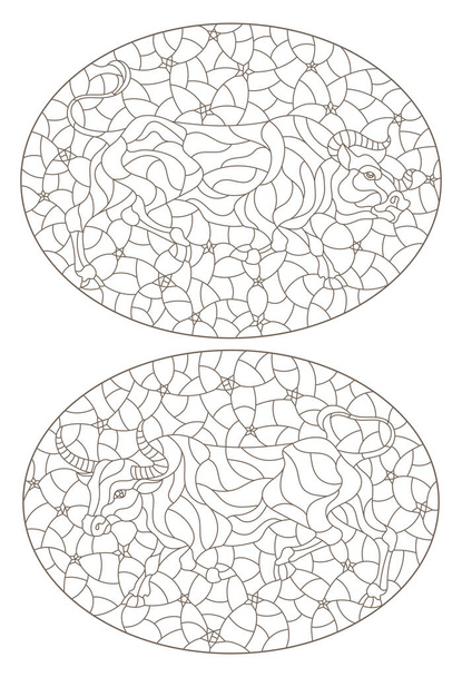 Série d'illustrations de contour en vitrail avec des taureaux abstraits sur fond de ciel étoilé, contours sombres sur fond blanc, images ovales - Vecteur, image