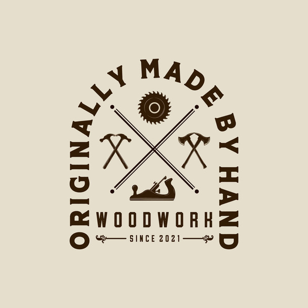 Puuvektorin kuvituslogon suunnittelu. Puutyö Logo malli Wood Master, Saha ja puusepäntyöt Service. Ax, Saw ja Wood Planer logo käsite inspiraatio - Vektori, kuva