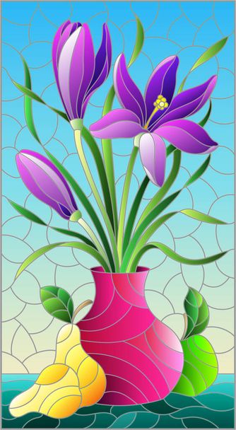 Illustration dans un style vitrail avec nature morte florale, vase avec un bouquet de fleurs pourpres dans un vase et des fruits sur un fond bleu ciel - Vecteur, image