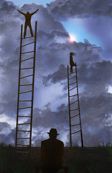 Mies ja nainen seisovat korkeilla tikkailla pellolla pilvisen taivaan alla etsiessään jotain elämästään. Alla on vanha mies istumassa ja katsomassa, mitä hän on nähnyt ennen. Tämä on kolmiulotteinen kuva. - Valokuva, kuva