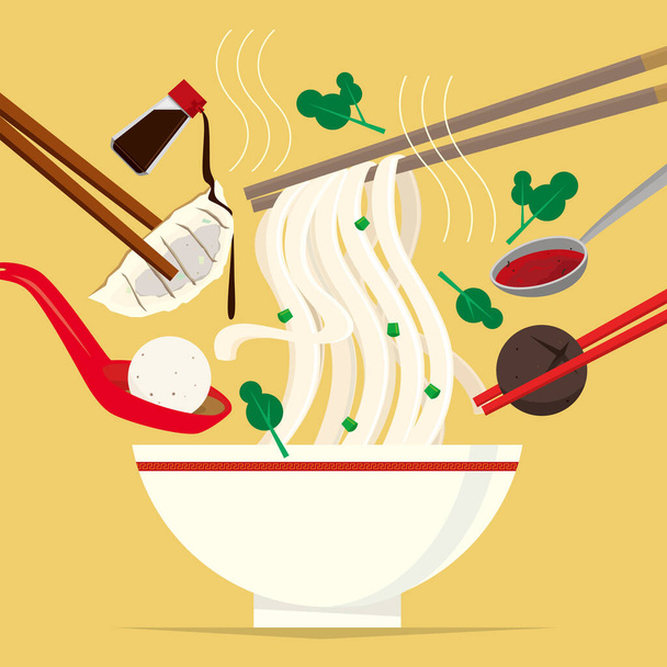 Graphic illustration of a bowl of Hong Kong-style pho noodle meal - Vector, Image