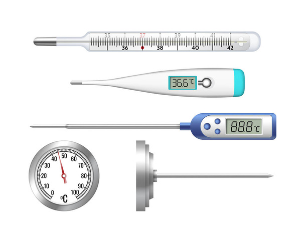 Σύνολο θερμόμετρων: κλασικό, ηλεκτρονικό, θερμόμετρο υδραργύρου για τη μέτρηση της θερμοκρασίας του σώματος του μωρού - Διάνυσμα, εικόνα