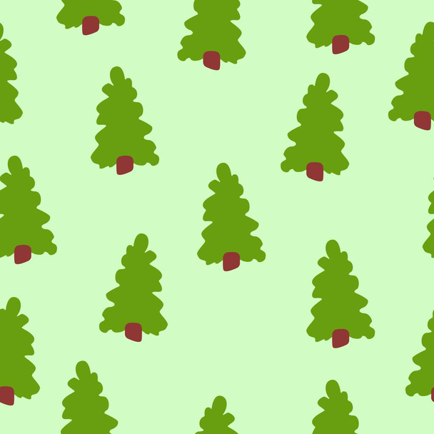 Vector seamless pattern with green fir trees. Brown trunk. Green background. Cartoon style. Spring and summer. Nature and ecology. For post cards, wallpaper, wrapping paper, scrapbooking, textile - Vektori, kuva