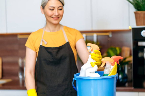 Asian cleaning lady, kitchen, apron, gloves, cleaner, smiling - Photo, Image