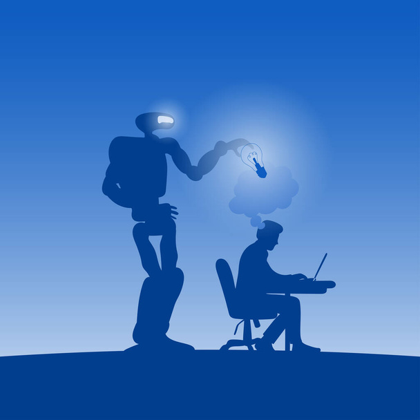 robot lub sztuczna inteligencja kradzież pomysł biznesmena pracującego na laptopie komputer w niebieskim odcieniu gradientowego tła ilustracja wektor. - Wektor, obraz