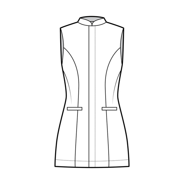 Dlouhá vesta technické módní ilustrace s montovaným tělem, bez rukávů, stojánek límec, uzávěr, kapsa - Vektor, obrázek