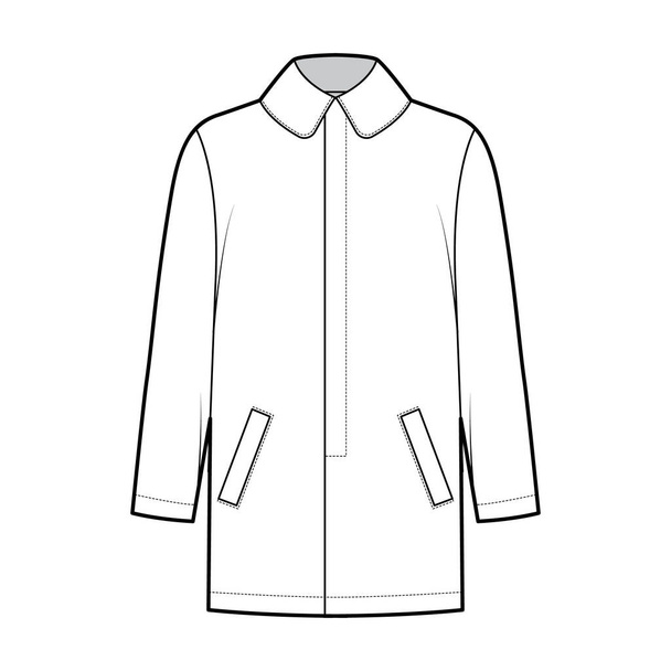 Ilustração de moda técnica de casaco de carro com manga longa, colar de lapela redonda, corpo de grandes dimensões, fechamento de couro costurado - Vetor, Imagem