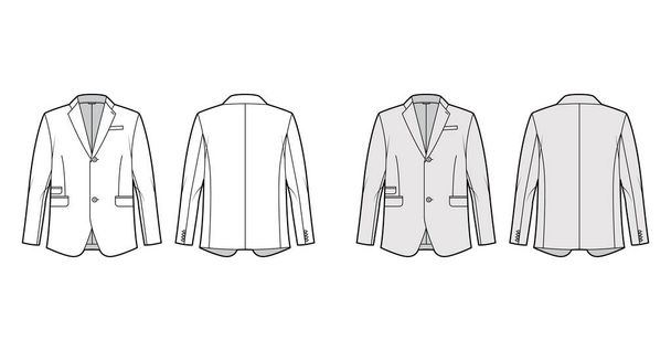 Šité sako společenský oblek technické módní ilustrace s dlouhými rukávy, vroubkovaný límec klopy, klopa šel kapsy - Vektor, obrázek