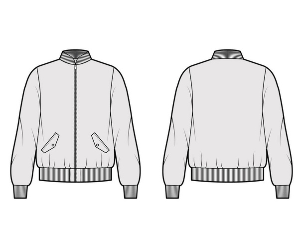 Zip-up Bomber ma-1 chaqueta de vuelo ilustración técnica de moda con cuello de costilla, puños, cintura, de gran tamaño, mangas largas - Vector, Imagen