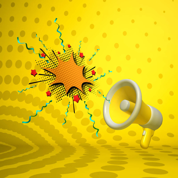 Rendering 3D di un megafono giallo del fumetto con un'icona della bolla di dialogo - Foto, immagini