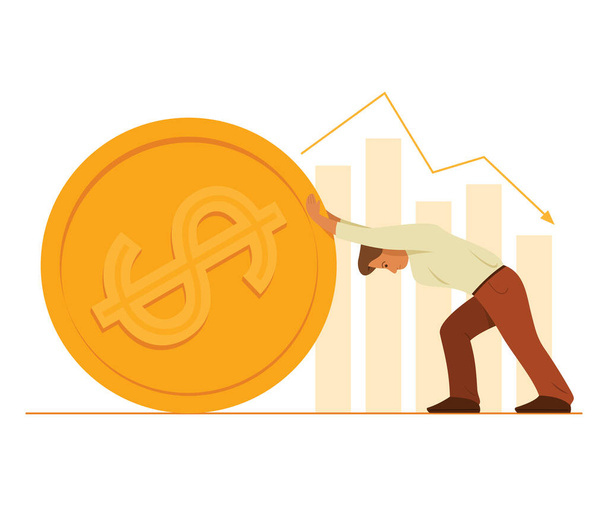 Worker Man Push a Big Coin of Dollar Currency and the Bar Charts on Background. - Vector, Image